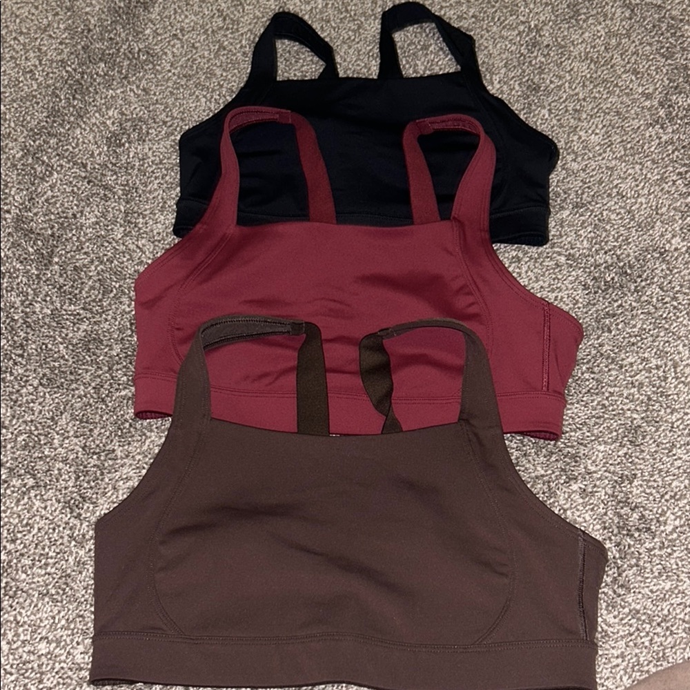 3pc Sports Bras in Black, Burgundy, and Brown